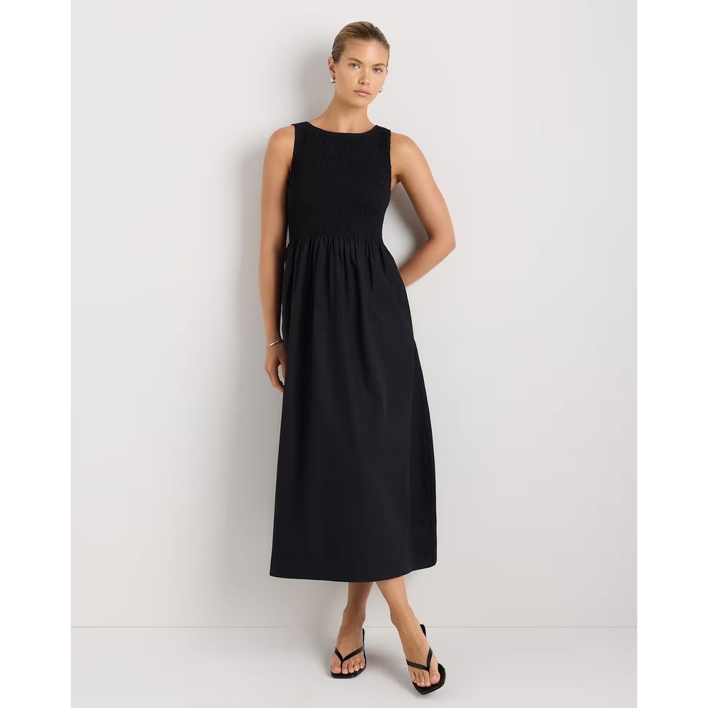 Quince Black Smocked Sleeveless Midi Dress with Pockets Size L Cotton Poplin